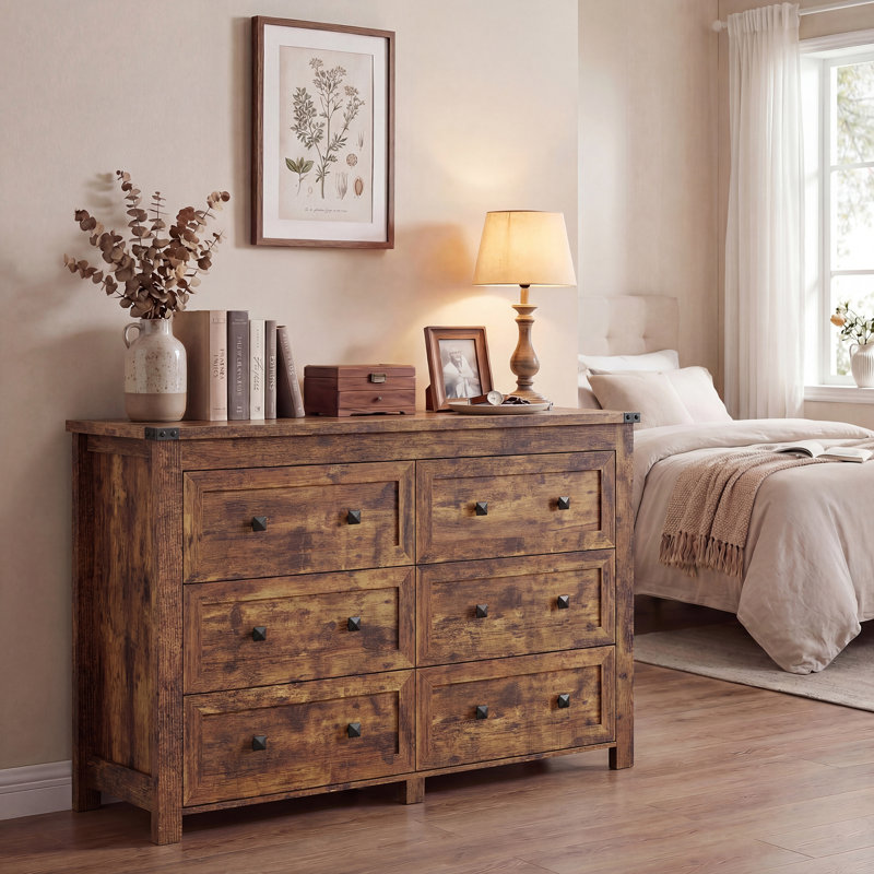 Commode double à 6 tiroirs Jaretssi l 42,7 pi, commode avec poignée carrée en métal, Brun rustique / noir