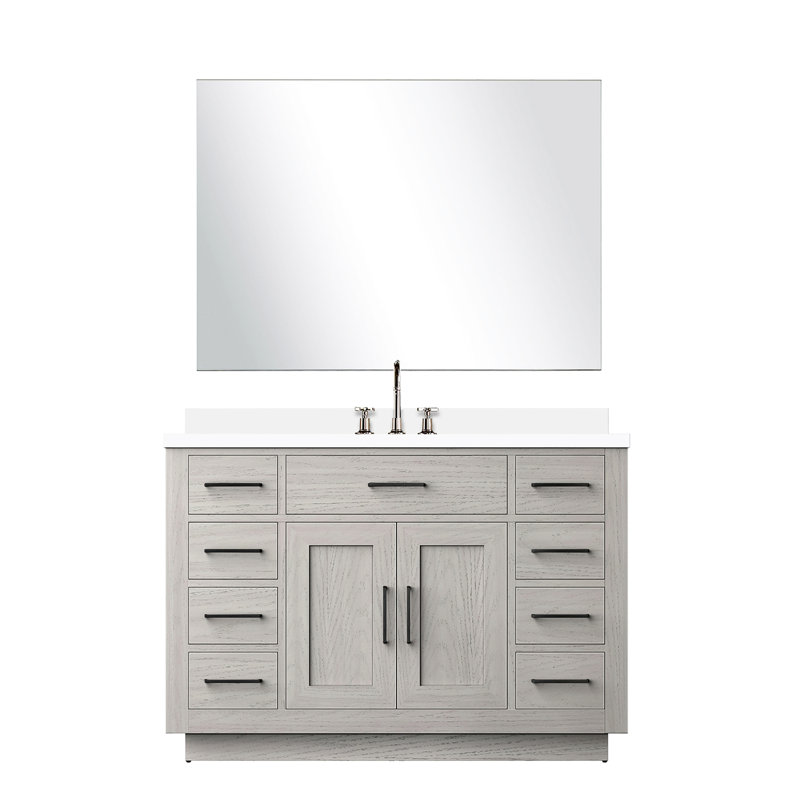Meuble-lavabo simple en chêne blanc avec comptoir en quartz, 43 miroirs et robinet, D assemblé, miroir, robinet, efficace en usine