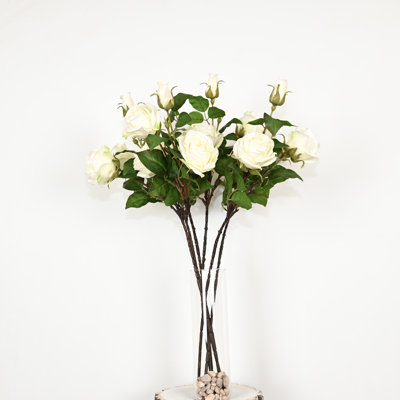 32" Artificial Real Touch Roses Floral Arrangement In Glass Vase With Faux Water And Stone, Farmhouse Greenery Foliage Branch Sprays Long Stem Flower Bulk Bouquet For Wedding Party Home Office Table Centerpiece Shelf Decorations