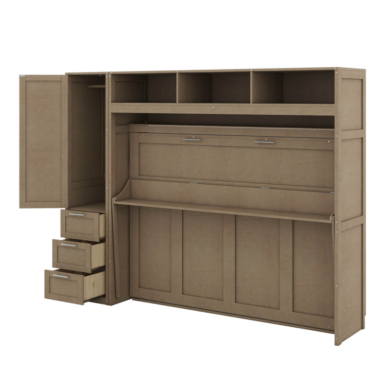 Lit escamotable double, lit escamotable en bois avec placard, tiroirs et tablettes ouvertes