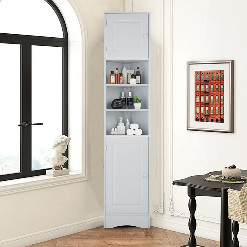 Multi Functional Corner Cabinet With Two Doors And Adjustable Shelves, Gray
