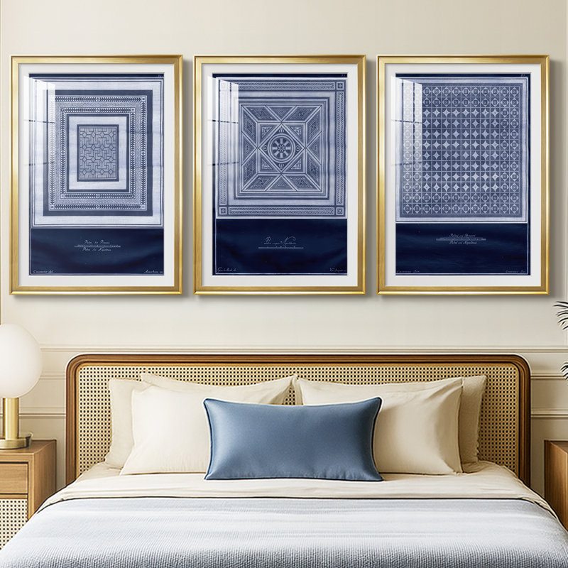 Indigo Tile IV - Impression encadrée sur mesure de qualité supérieure mate - 3 pièces