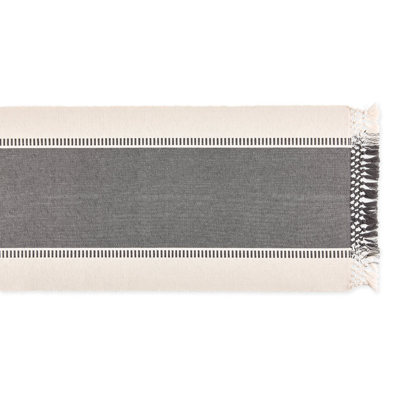 Mineral Gray Striped Cotton Table Runner with Tassels