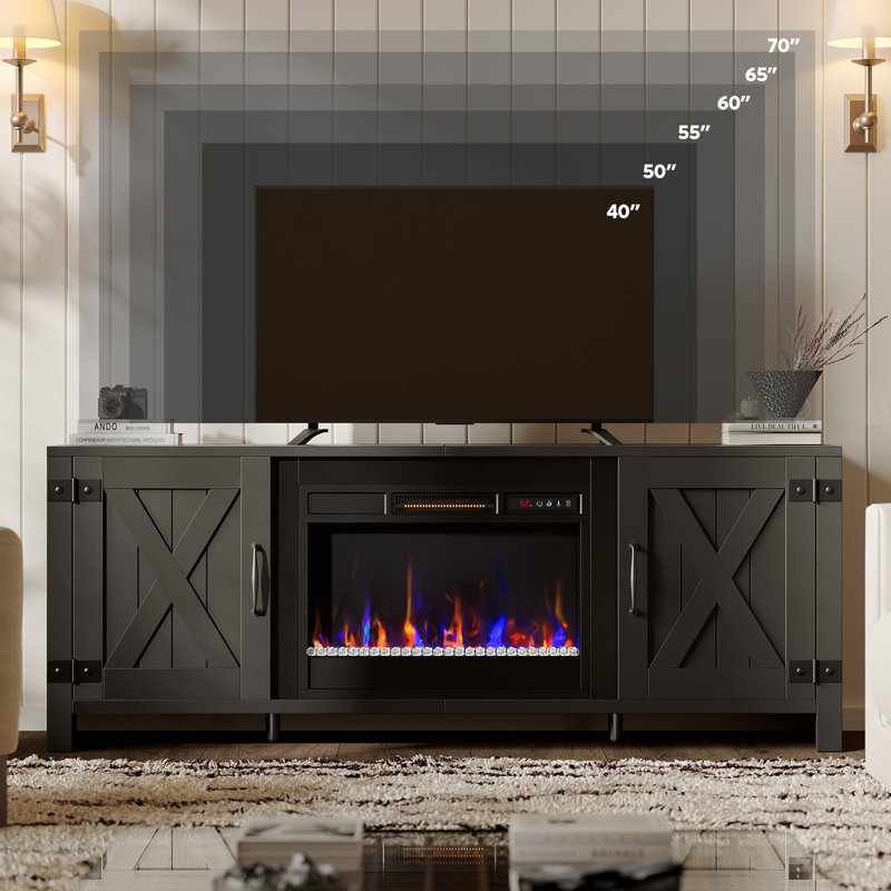 63" Farmhouse TV stand with Remote Control 23" Electric Fireplace, Timer, Over Heat Protection, Black