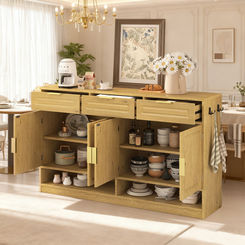 Farmhouse Sideboard With 3 Drawers, 4 Doors, Adjustable Shelf And Open Storage Compartments, Natural