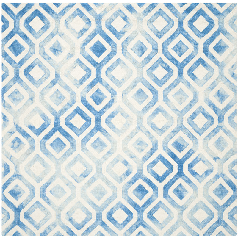 Bryauna Hand Tufted Wool/Cotton Geometric Rug in Ivory/Blue, Square 7'