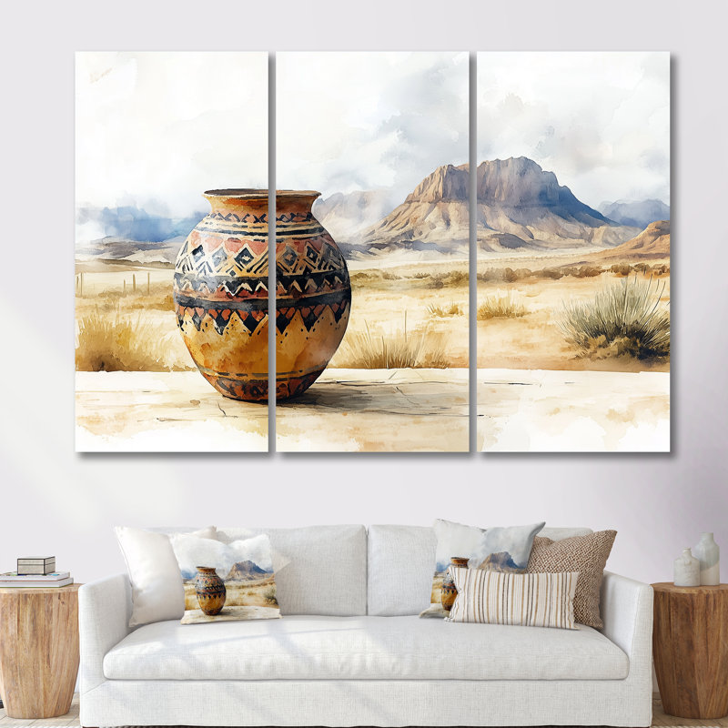 Art africain, poterie du désert, sérénité - ensemble de décorations murales Boho, H 28 po x l 36 po x P 1 po, Toile tendue