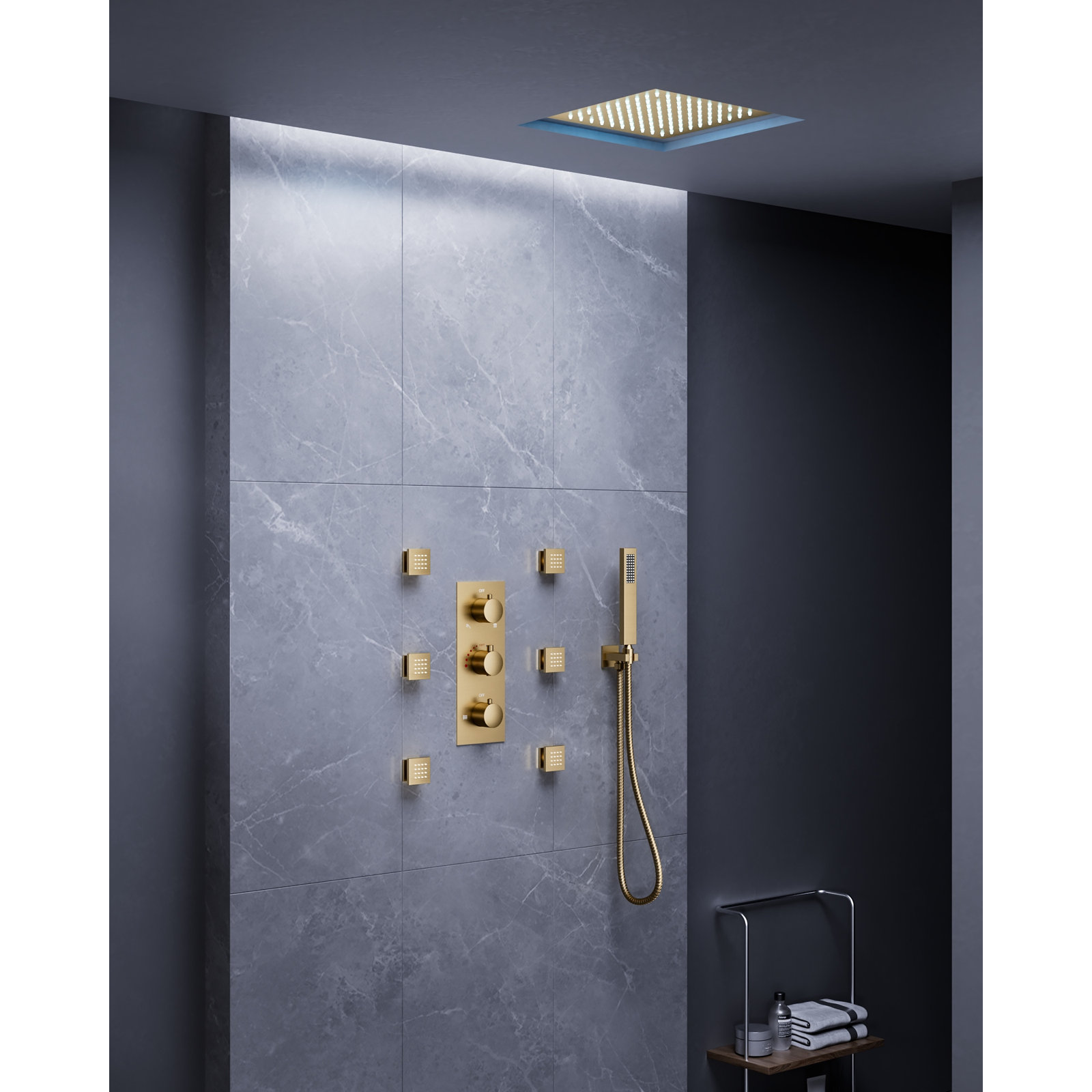 12" Thermostatic LED Rainfall Shower System, Brushed Gold