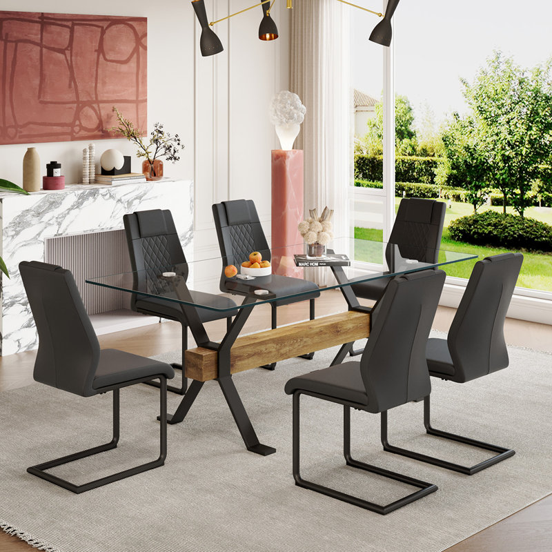7-Piece Glass Top Dining Table Sets, Black, 122 cm H x 81 cm W