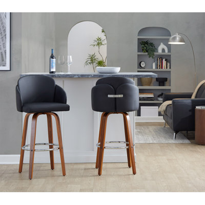 Fixed-Height Barstool In Walnut Wood And Black Faux Leather With Round Chrome Footrest - Set Of 2