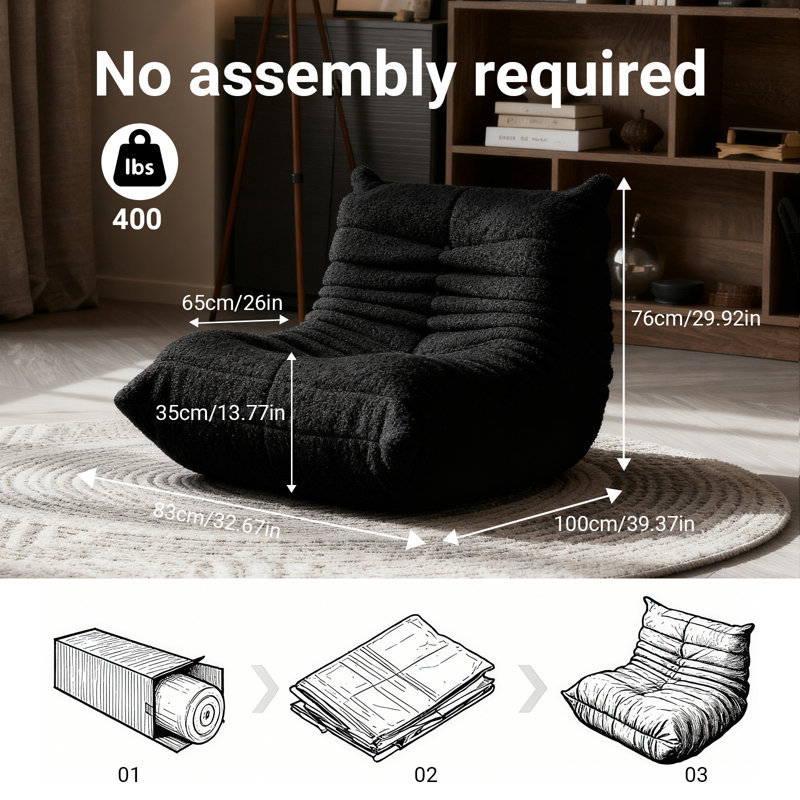 32" Bean Bag Chair, Teddy Fleece Fabric, Memory Foam High Resilience Lazy Sofa for Bedroom & Living Room（Black）, Black Teddy