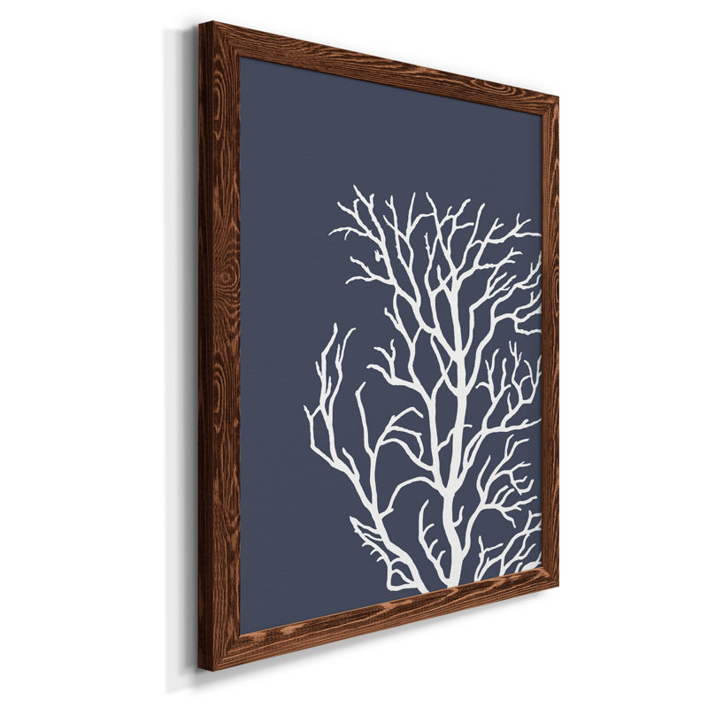 Coraux blancs sur toile indigo bleue C de qualité supérieure - prêts à être accrochés, Cadre en érable