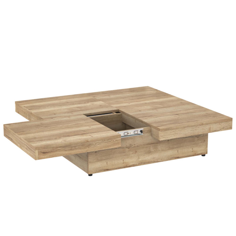 Table basse carrée en placage avec plateau coulissant et rangement, Naturel