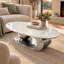 Table basse ovale de 125,4 cm (49,35 pouces) avec plateau en pierre frittée imitation marbre et piètement en acier inoxydable