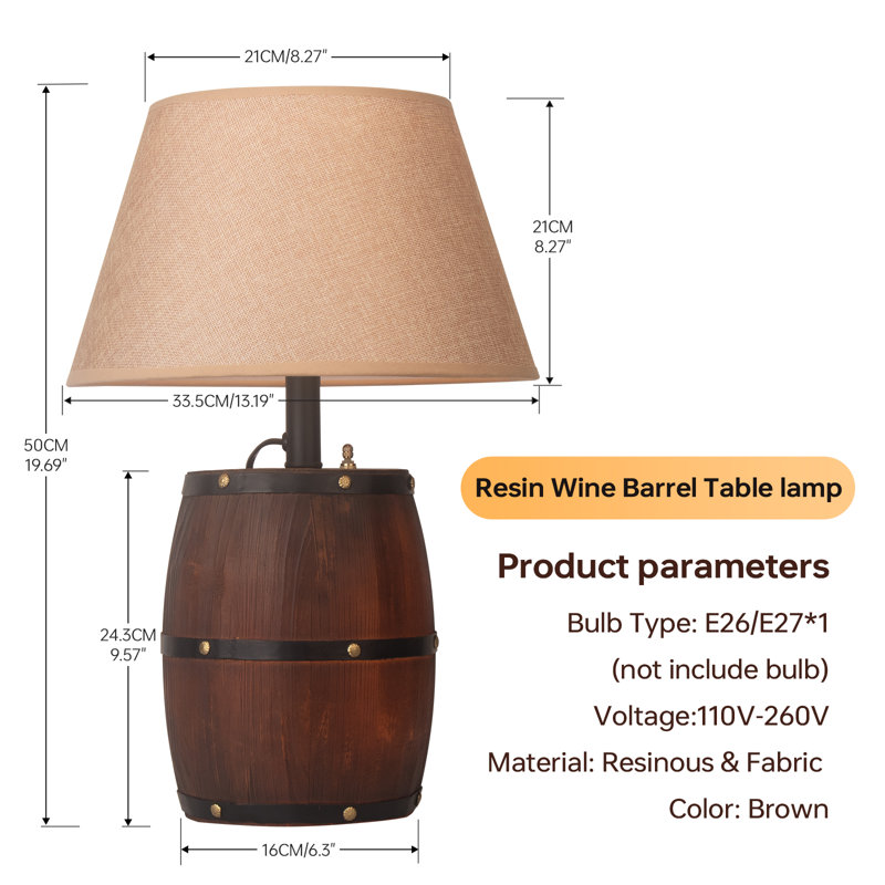2 PCS Mid Century Table Lamp Large, Big Resin Table Lamp Unique with Three Lighting Methods-Farmhouse Drum Lampshade-Wine Barrel Night Light-Special Design for Home Decor