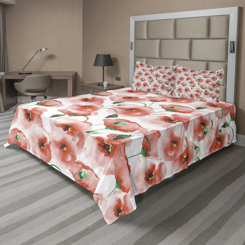 Microfiber Floral Sheet Set, California King Sheet Set + 2 Pillowcases, Beige/Gray Floral