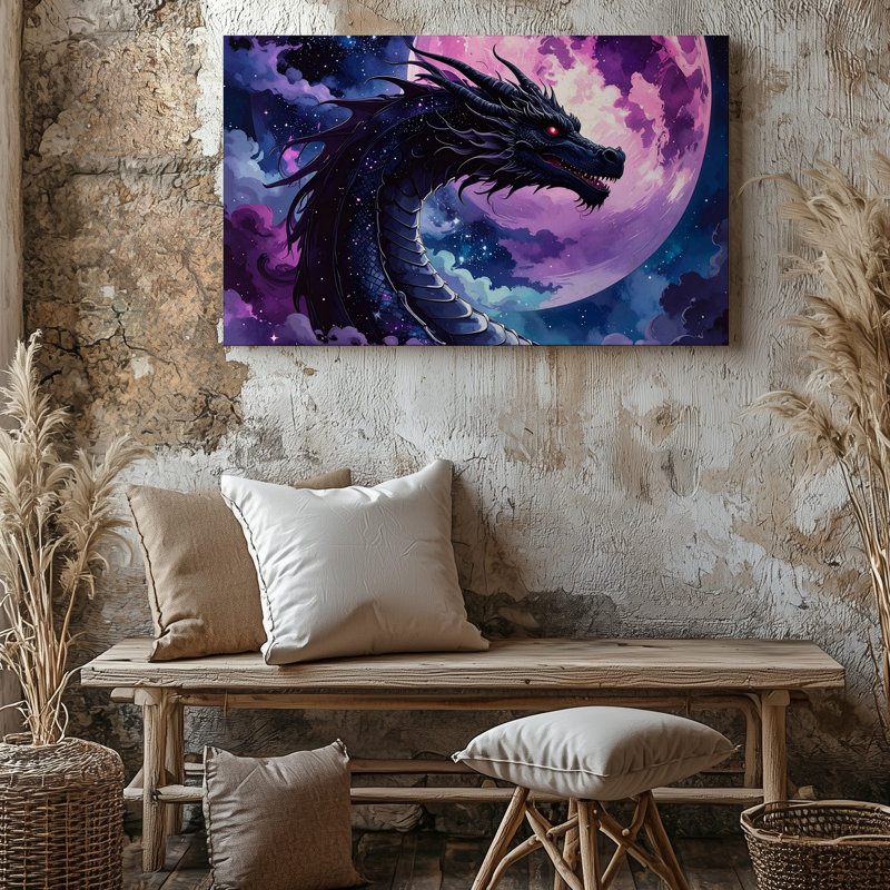Toile céleste, dragon noir, toile de fond sous la lune rose, H 9 po x l 12 po