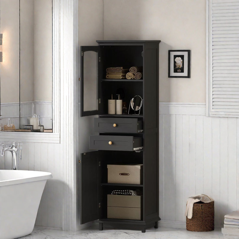 Bathroom Storage Cabinet With Glass Doors, 2 Drawers, And Adjustable Shelves, Black