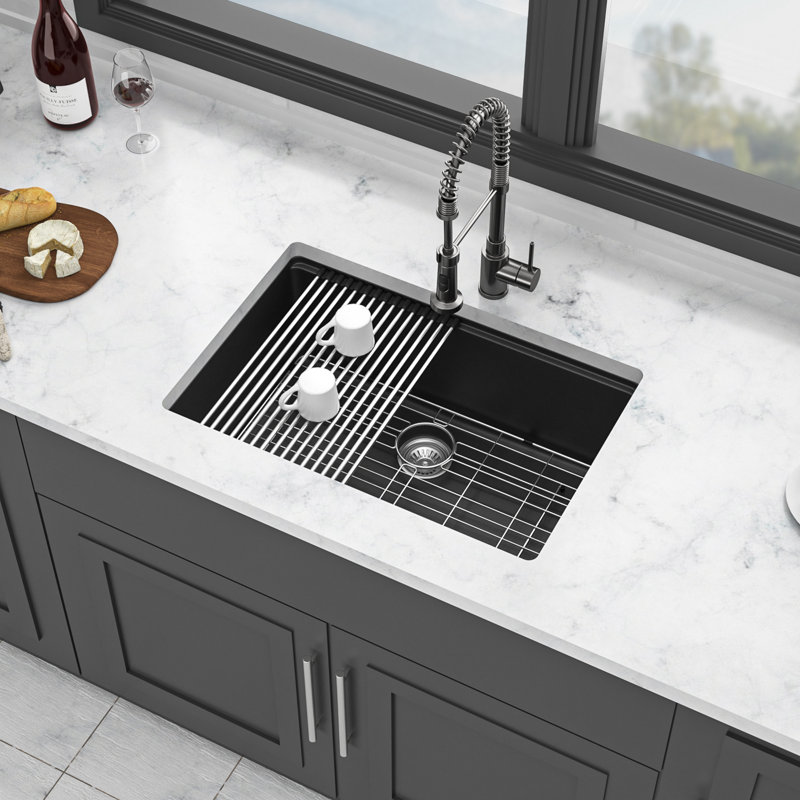 Quartz Kitchen Sink - 28" X 19" X 9.65" Black Granite Composite Workstation Undermount Kitchen Sink, Black
