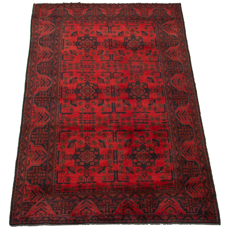 Tapis rouge en laine noué à la main de conception unique Esari Turkoman des années 2010 de 4 pi x 6 pi 7 po Quantrell