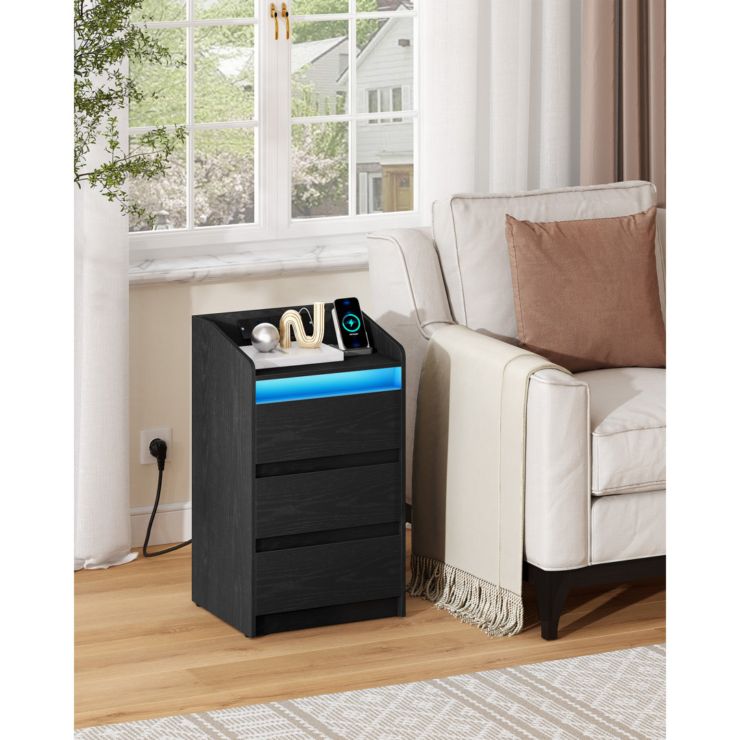 Bedside Tables Set of 2 with 3 Drawers, Bedside Cabinet, Side Table with Charging Station and LED, 2 AC and 2 USB Ports, Nightstand for Bedroom, Livin
