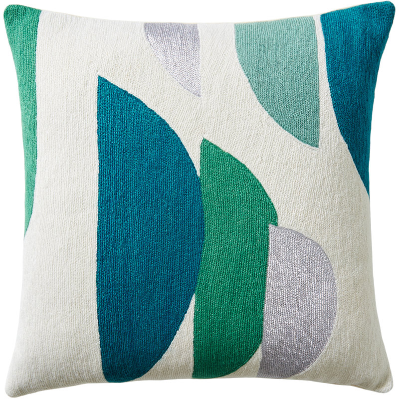 Slice Hand-Embroidered Chain Stitch Pillow, Cream/Peacock/Fog Rayon/Aqua/Pool