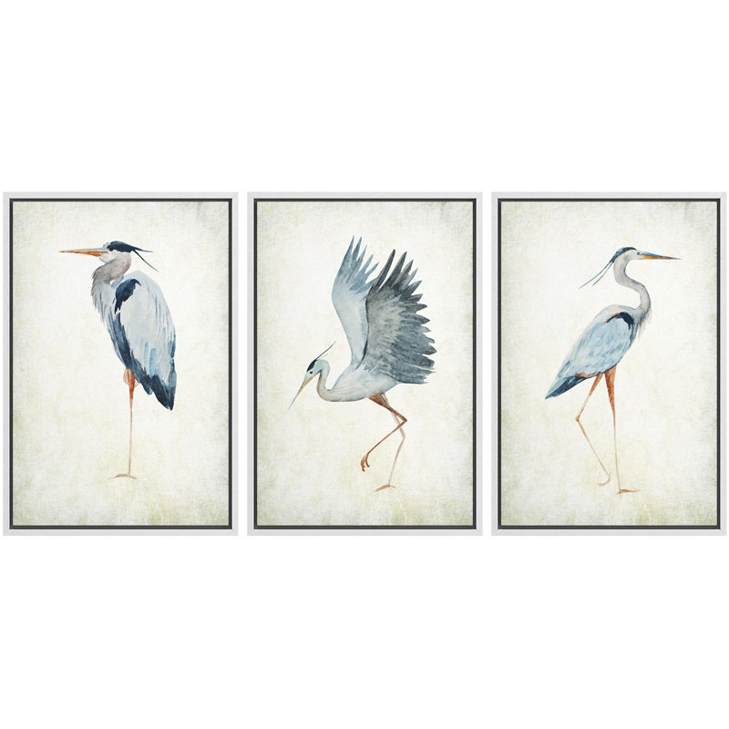 Heron Crane Bird Animals Nautical Decor - Large Framed Canvas Living Room Wall Art Work Set 3 Print, 36" H x 24" W, White