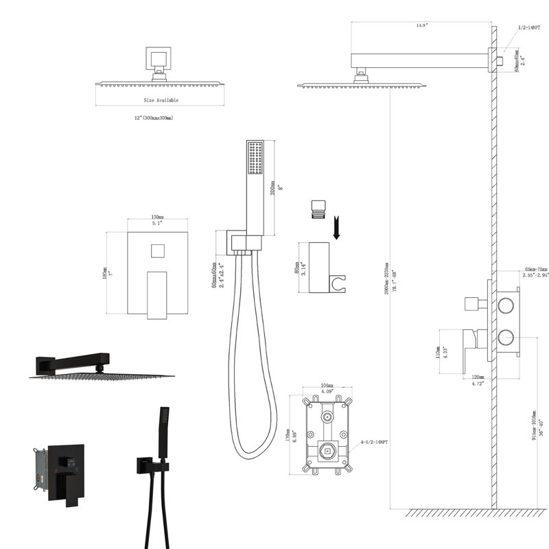 Square Dual Shower Head System - 12 Inch Wall Mount Oil Bronze Rubber, Oil Bronze