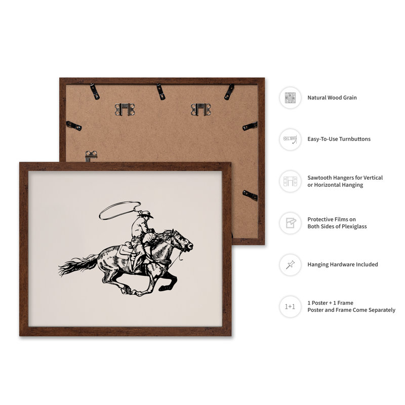 Cowboy avec Lasso No2, Poster, 08"H x 10"W, Brown Framed