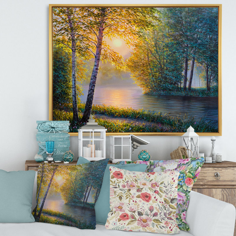 «Morning Summer With Beautiful River Spring Forest», peinture sur toile, H 24 po x l 32 po x P 1 po, Cadre flottant doré