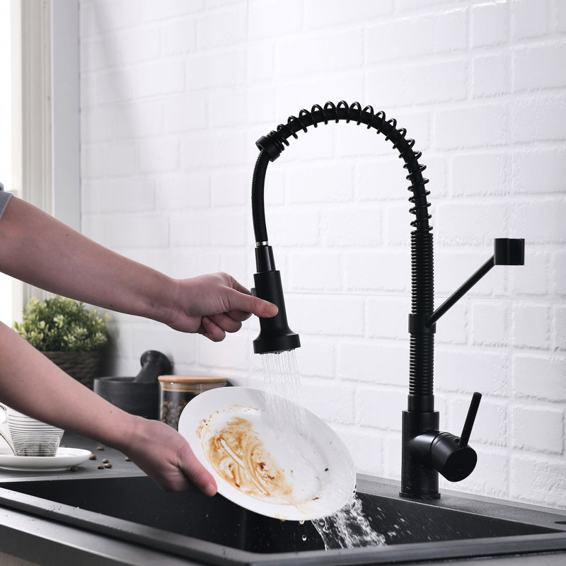 Robinet de cuisine noir avec douchette extractible, noyau en laiton, robinet de mélange de température à un trou, robinet d'eau chaude et froide, poignée noire