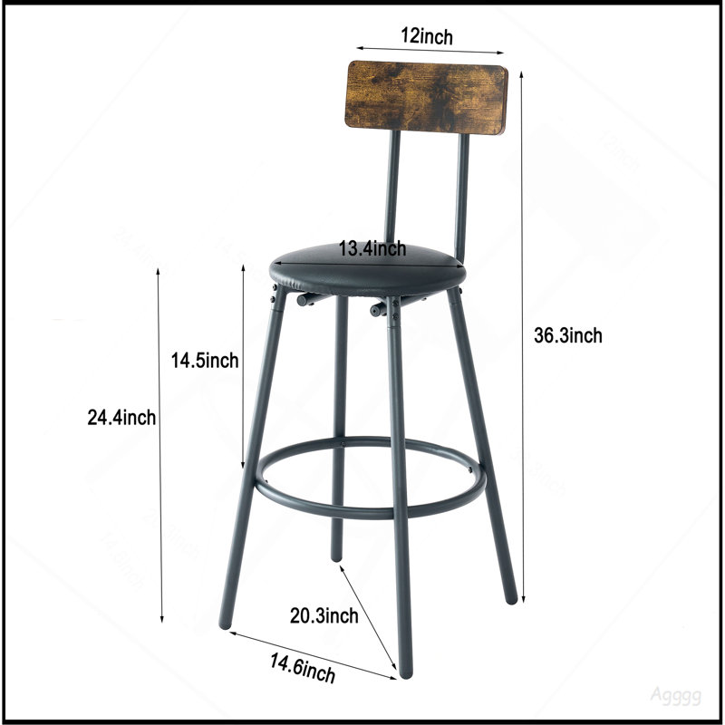 Ensemble de table de bar ronde et de tabouret avec tablette, tabouret rembourré avec dossier, brun rustique, l 24,17 po x P 24,17 po x H 36,02 po