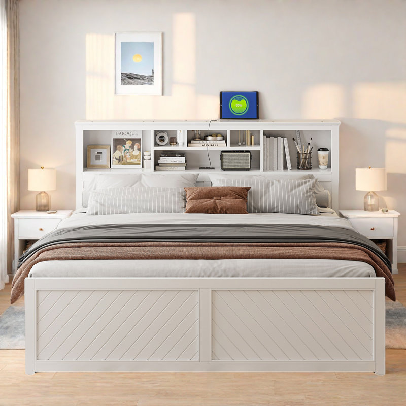 Lit plateforme en bois avec tête de lit multi-rangement, USB et 2 tiroirs, Blanc