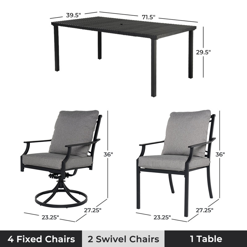 6 Person Outdoor Dining Set With Rectangular Table — Includes 4 Fixed & 2 Swivel Cushioned Armchairs