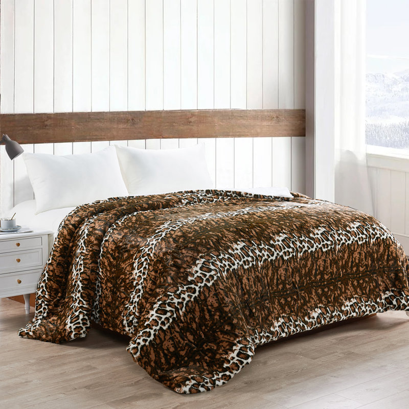 Queen Size Brown Leopard Faux Fur Sherpa Reversible Blanket