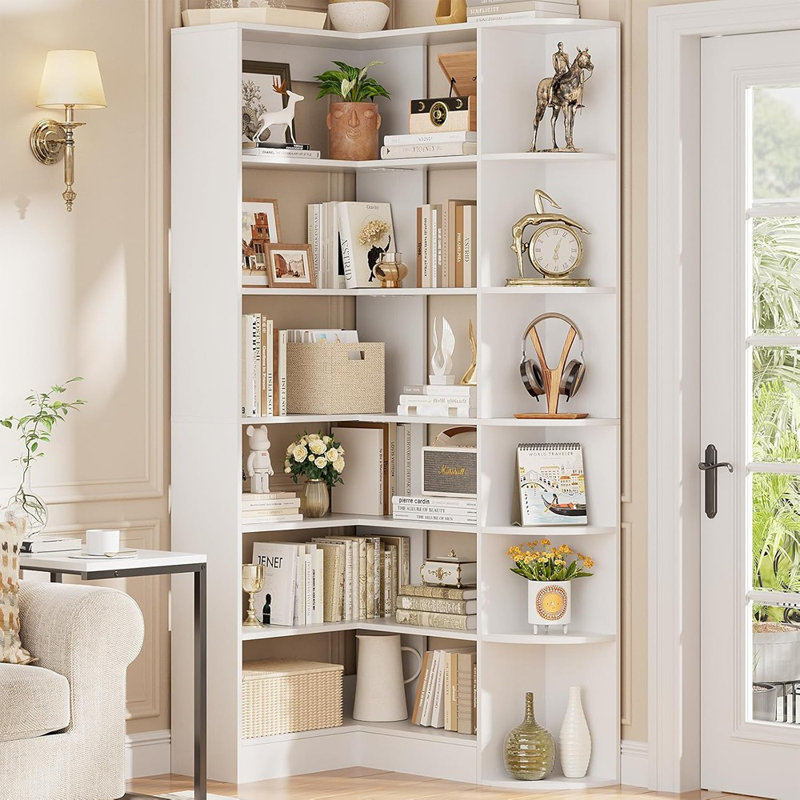 Grande bibliothèque d'angle en forme de L à 6 niveaux avec chicane, blanc, tablettes de rangement ouvertes pour la chambre à coucher, le bureau personnel, le salon et la cuisine