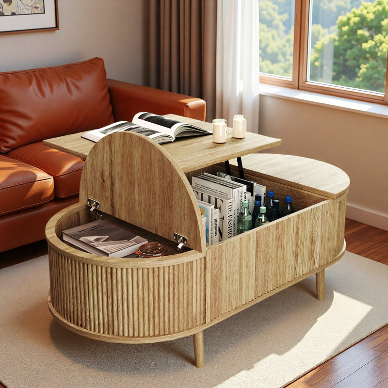 Table basse ovale minimaliste de 47,24 po avec rangement caché et finition grain de bois, Acacia Wood