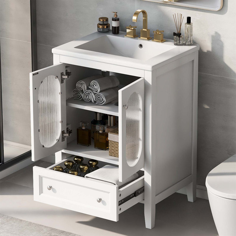 Meuble-lavabo 24 po avec lavabo, meuble-lavabo avec tiroir et portes en verre, tablette réglable
