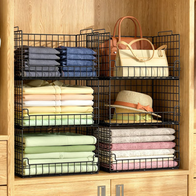 4-Tier Stackable Closet Organizers and Storage Basket, Foldable Metal Closet Shelf Organizer System, Sturdy Space-Saving Clothes Storage Bins for Wardrobe, Collapsible Storage Shelves for Bedroom