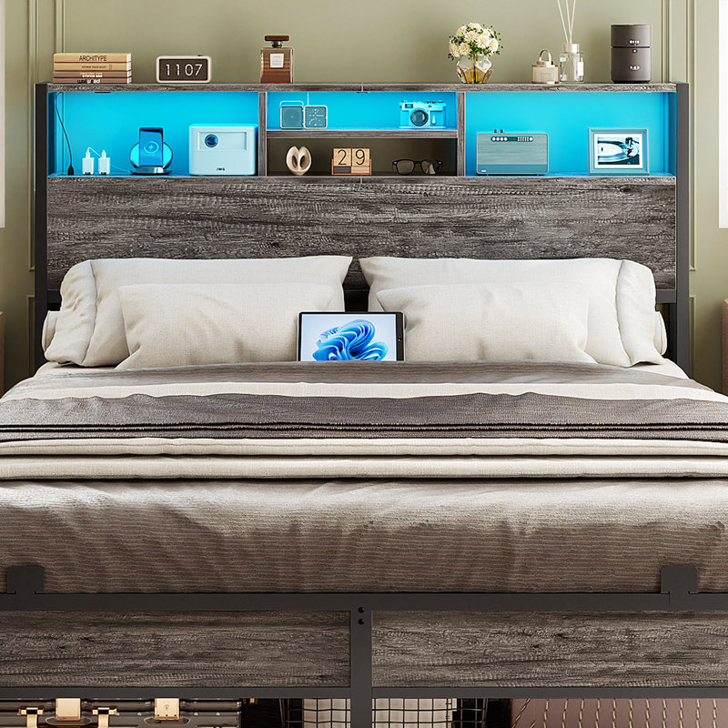 Lozandier Headboard with Storage, Power Outlet, USB Ports and LED Strip, Black Oak, Queen