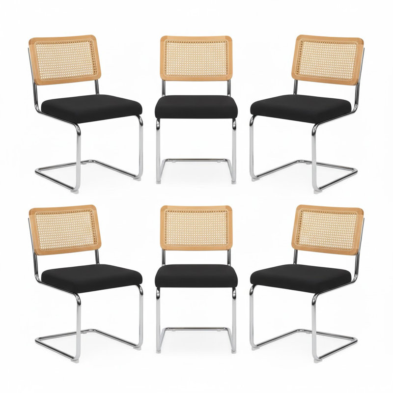 Modern Linen Dining Chairs Set Of 6, Rattan Back & Chrome Base,Black, Linen Black
