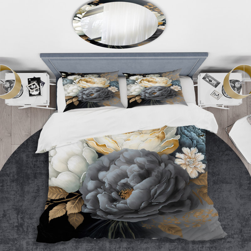 Ensemble de housse de couette pivoine blanche, bleue et grise I - Floral, Housse de couette simple + 1 taie décorative stan