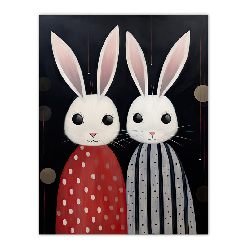 Wall Art Print Bunny Rabbits in Dresses Painting Red Black Kids Poster