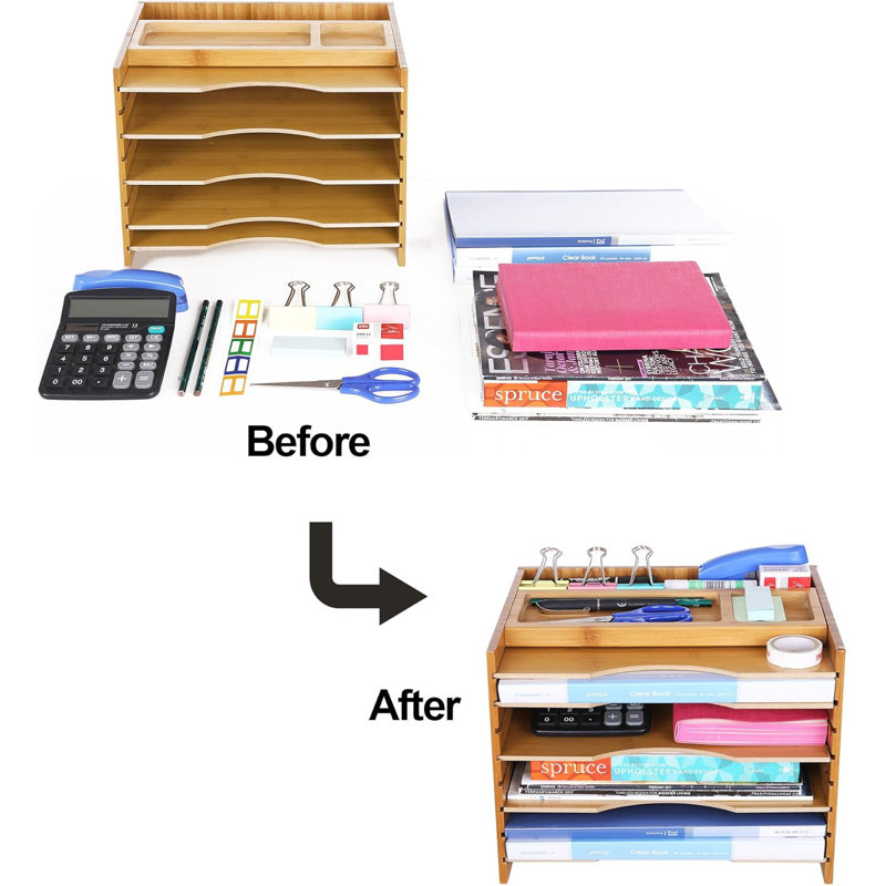 Natural Bamboo Adjustable 5-Tier File Organizer with Top Compartments