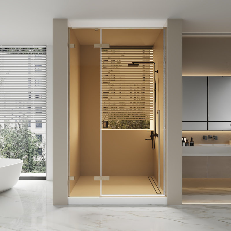 Porte de douche réversible pivotante en or brossé 45,6 "à 46" x 79 "avec verre teinté Drew Drew, Or brossé