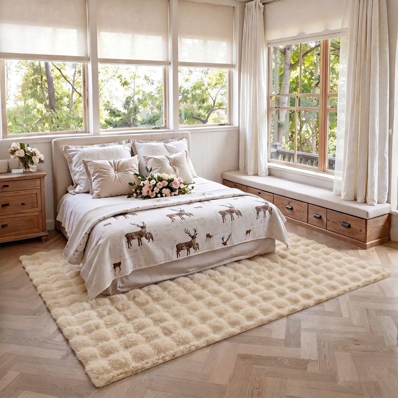 Non-Slip Bubble Shag Faux Rabbit Fur Area Rug, Beige, Rectangle 5' x 7'