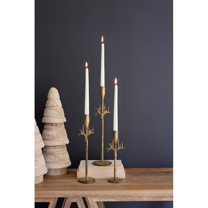 Set of 3 Forged Iron Deer Antler Taper Candle Holders, Antique Gold Finish for Holiday, Lodge, or Rustic Decor