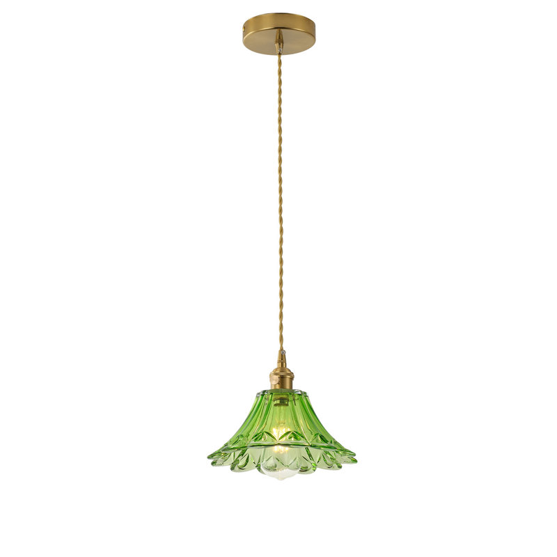 1-Light E26 Base Polished Brass Metal and Glass Dome Flower Pendant Light, Adjustable Height, Dimmable, ETL Listed