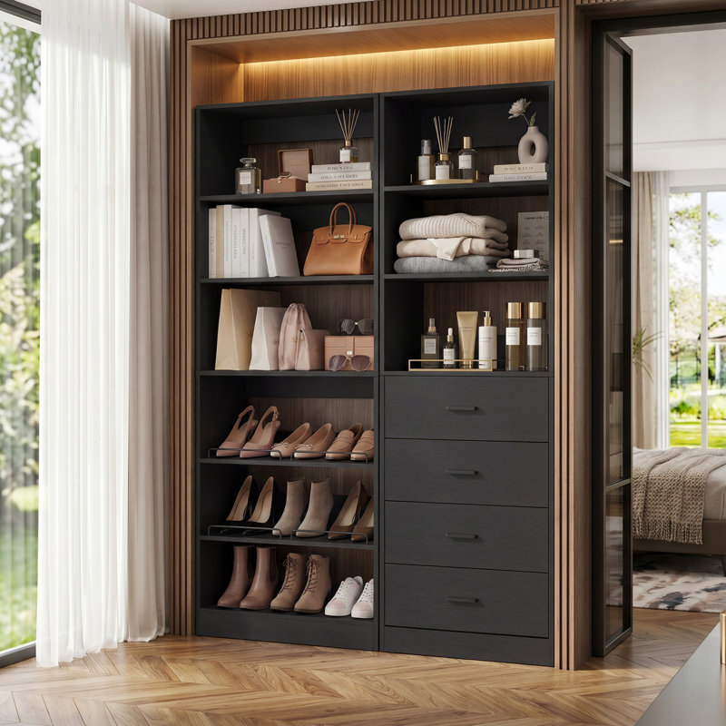 Système d'organisation avec 4 tiroirs, étagères à chaussures, tablettes réglables Bettyann, Black