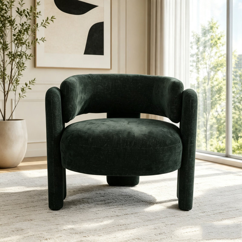 Fauteuil demi-tonneau sculptural avec tissu texturé Sculptural, Green Fabric